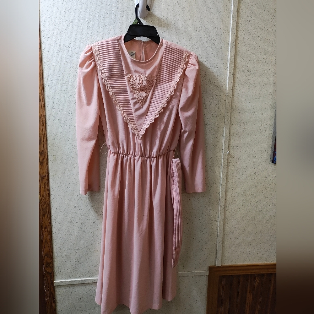 Vintage Jennifer Gee Chiffon Dress Pink Lace Puff Long Sleeve Size 10 Clean USA